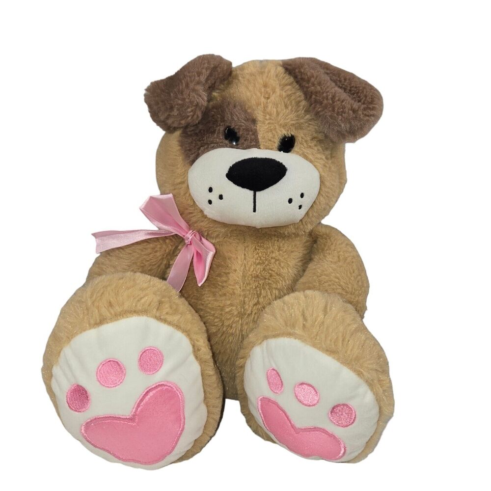 Animal Adventure Plush Puppy Dog Tan Brown Big Feet‎ Pink Hearts Spot 2018 12"